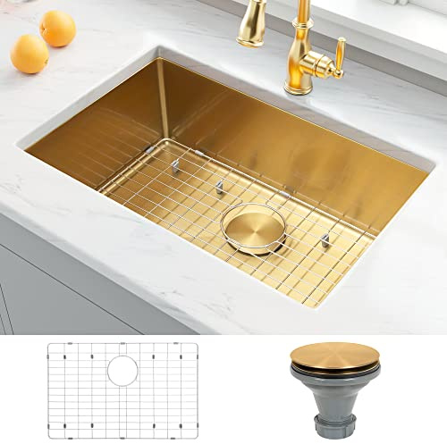 MONSINTA Kitchen Sink, Undermount Kitchen Sink 27” x 18”, Stainless Steel Sink, Gold Kitchen Sink with Kitchen Sink Strainer and Sink Protector, 14 Gauge Undermount Sink