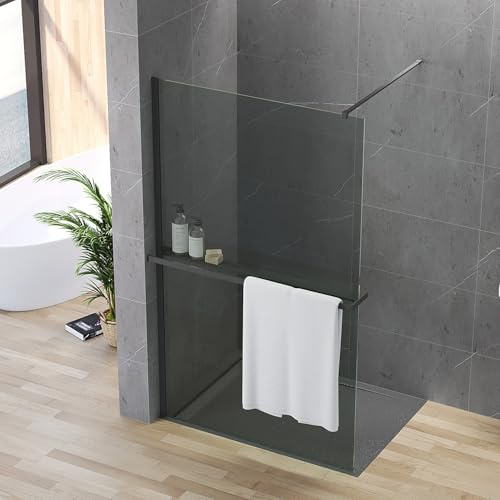 AQUABATOS Walk-in Dusche Schwarz 120 x 200 cm Duschwand Glas mit Handtuchhalter Duschablage Duschabtrennung barrierefreien Einstieg 8 mm Sicherheitsglas Grau NANO-Beschichtung leicht zu reinigen