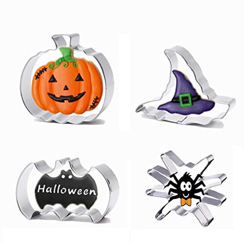 Moldes Galletas Halloween 4PCS, Molde Galletas Halloween Acero Inoxidable, Cortadores Galletas Halloween, Cookie Cutter - Calabaza, Murciélago, Bruja Sombrero, Spider