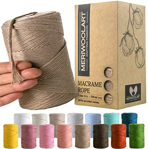 MeriWoolArt® Premium Makramee Garn Beige - Makramee Baumwollgarn 3mm x 200m - Super weiches Garn, einfach gedrehte Makramee Schnur - 100% Baumwolle für DIY Boho Deko Handwerk