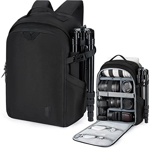bagsmart Camera Backpack, DSLR SLR Camera Bag Fits up to 15.6 Inch Laptop Water Resistant with Rain Cover, Tripod Holder for Women and Men,Black