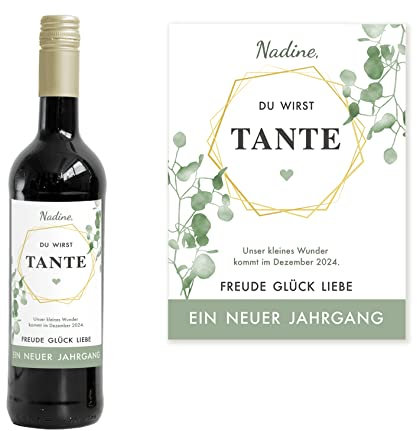 Mimi und Anton Personalisiertes Flaschenetikett TANTE | Weinlabel Du wirst Tante | 9x12 cm | Schwangerschaft verkünden | Weinetikett Geburt | Serie Eukalyptus