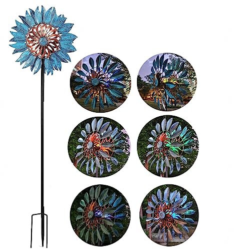 JUNZAI Solar Windrad Garten Metall Groß, 213cm Groß Garten Windspiel, Wetterfest Und Standfest Windrad Edelstahl, FüR Den AußEnbereich,Terrasse