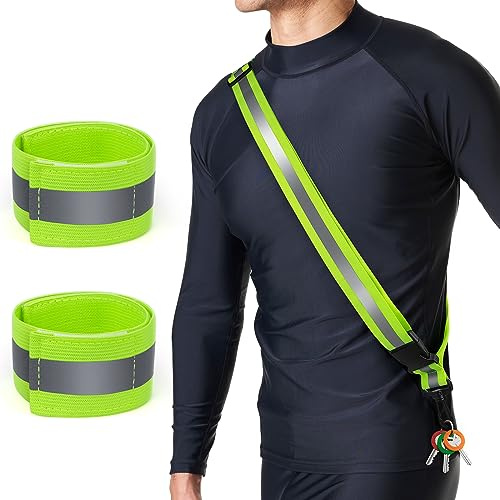 Simket Reflektoren Gürtel für Joggen, Hochsichtbare Verstellbar Nacht Sicherheitslicht Laufgürtel mit 2 Stück Reflektierenden Armband für Männer Frauen Kinder