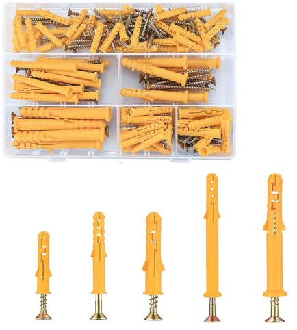 90pcs Wall Plugs & Screws Set, 5 Different Sizes of M8/M6 Plastic Anchors for Brick, Concrete and Drywall, Includes 45 Self Tapping Fasteners and 45 Expansion Bolts in Storage Box