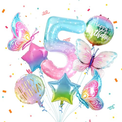 5 Schmetterling Geburtstag Deko,8pcs Bunt Schmetterlinge Folienballon 5，Zahlen Luftballon 5 Jahre Geburtstagsdeko für 5. Geburtstag Deko