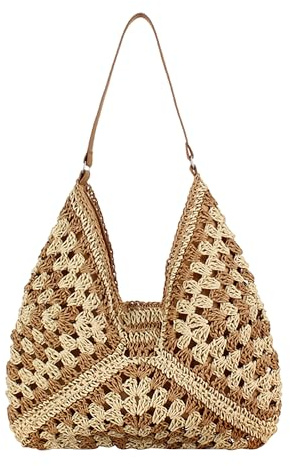 Faletony Straw Beach Shoulder Bag Summer Crochet Bags for Women Large Granny Square Handmade Tote Boho (Light Brown)