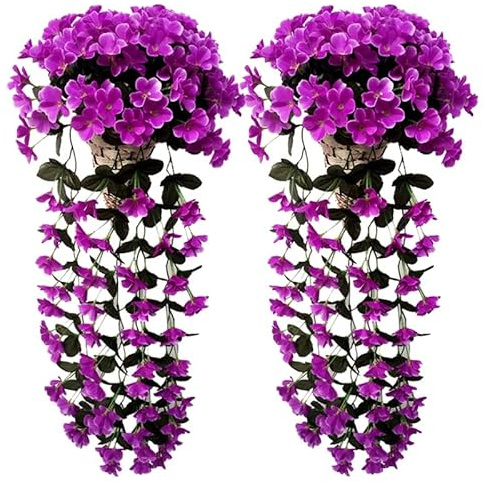 YJWZ 2 Pack Artificial Flowers for Hanging Baskets Fake Hanging Basket Outdoor,Lifelike Fake Wisteria Vine Violet Hanging Garland for Outdoor Home Wedding Garden/Yard String Floral Decoration