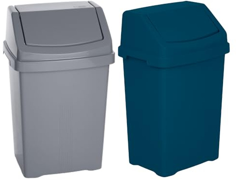 M1SS 25L Litre Swing Bin Top Rubbish Bin Trash Can with Swing Top Lid Strong Plastic Reusable Storage Animal Feed Refused Bins for Narrow Space Office Bathroom Kitchen (Silver and Midnight Navy)