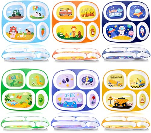 Hushee 6 Pcs 9.4 x 8.2 Inch Dinner Plate for Kids Girls Boys Cute Toddler Divided Plates Plastic Funny Serving Dishes for Construction Dinosaur Firefighter Farm Game Console Astronaut Animal