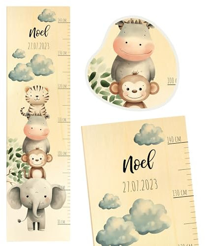 Geschenkfreude Messlatte Kinder personalisert 80-140cm - mit Tieren als Dekoration fürs Kinderzimmer - personalisierte Messlatte Kinder Holz - tolles Geburts Geschenk