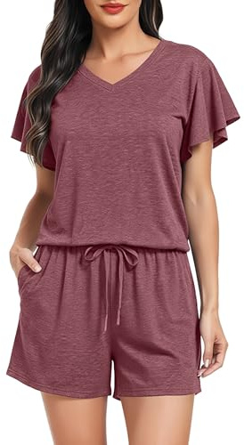 Lovasy Kurzer Schlafanzug Damen Sommer Pyjama Set Kurzarm V-Ausschnitt Schlafanzüge für Damen mit Taschen,Wein Rot,S