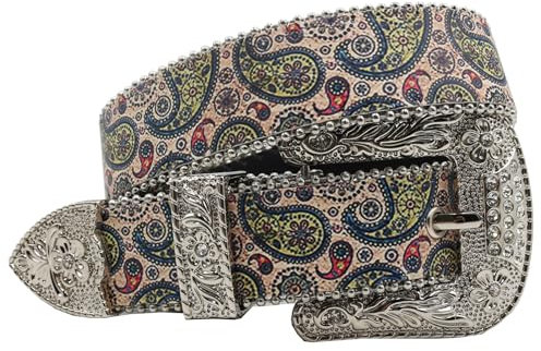 AGUTALITHIC Gürtel Mit Drucke Buntes Abstraktes Künstlerisches Muster, Punk-Rock- Perlen Nietengürtel Mit Hellen Prägung Blume Dornschließe, Für Damen Und Herren(105cm/41, Graffitti)