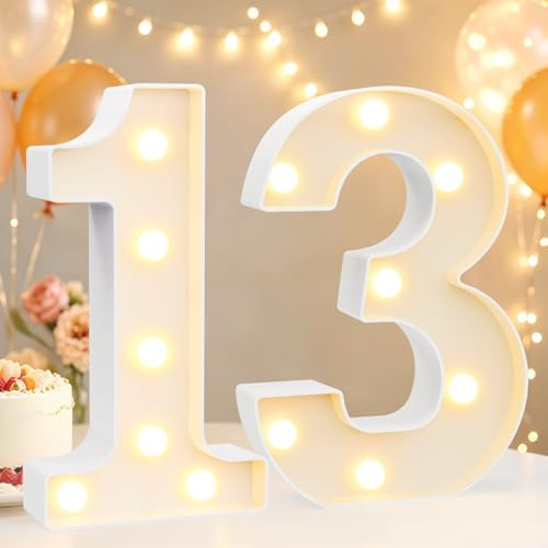 8.8 Decorative LED Light Up Numbers, Marquee Numbers Lights for 13th Birthday Decorations, Lighted Number Sign for Birthday Party Night Lights Anniversary Backdrop Home Decor, White Number 13