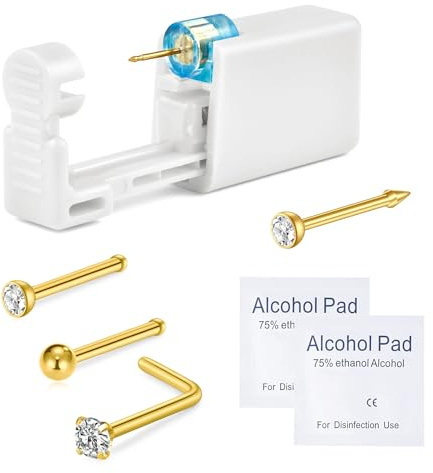 WillTen 6Pcs Nose Piercing Kit with Gold Nose Stud, 1Pack Nose Piercing Gun, Disposable Nose Piercing Kit with Straight L-Shape Nose Rings Stud White CZ Nose Piercings Gun Kit Tool