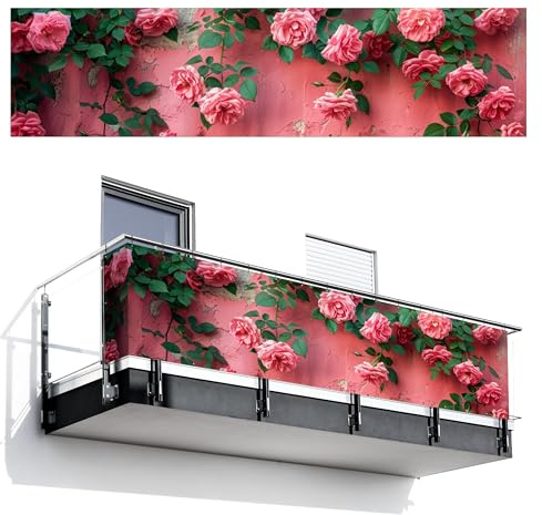MuchoWow© Balkon Sichtschutz Einseitig 120x500 cm Groß PVC Terrassen Garten Windschutz ohne Bohren Wetterfest für Zaun Terrasse Sichtschutzmatte Outdoor Deko Blumen - Rosa - Steinoptik - Rosen