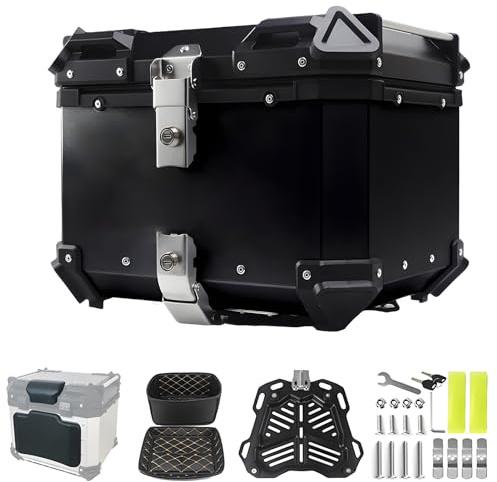 Morlinca Motorcycle Top Box, Aluminum Motorbike Top Box, Waterproof Top Box for Motorcycle, with Security Lock, Backrests and Base Plate, for Storage Helmet & Luggage (Black,80L)