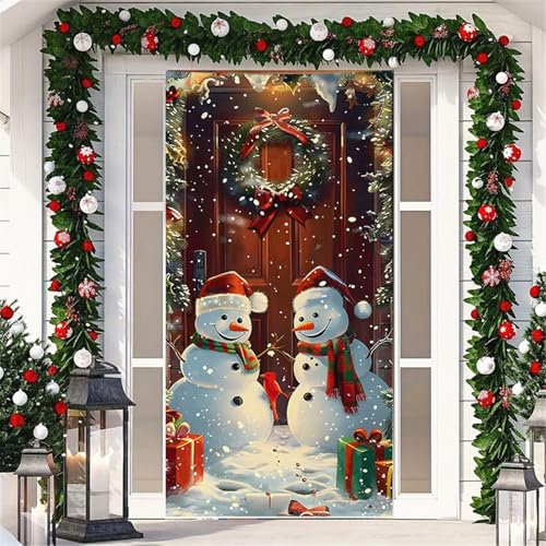 Chickwin Decoración de Cubierta de Puerta de Navidad, Bandera Colgante de Papá Noel Muñeco de Nieve Rojo Nieve Navideña Fondo para Fiesta de Navidad Hogar Casa Noel 90x200cm (Muñeco Nieve)