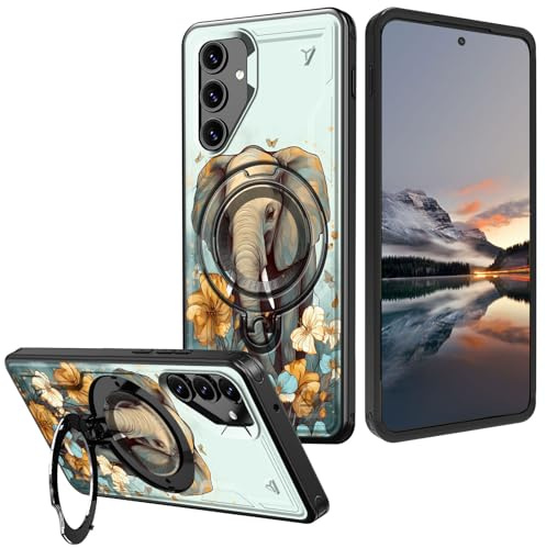 Qindaiwen for Samsung Galaxy S24 FE Case with Stand & Ring Holder – Military Drop Protection, Heavy Duty Shockproof Phone Cover for Galaxy S24 FE, Elephant and Flowers