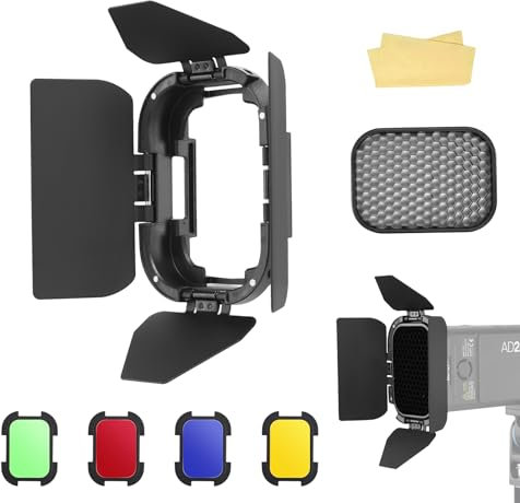 Godox BD-07II Barn Door with Removable Honeycomb Grid and 4 Colour Filters Compatible for Godox AD200 AD200Pro Pocket Speedlite Flash Head