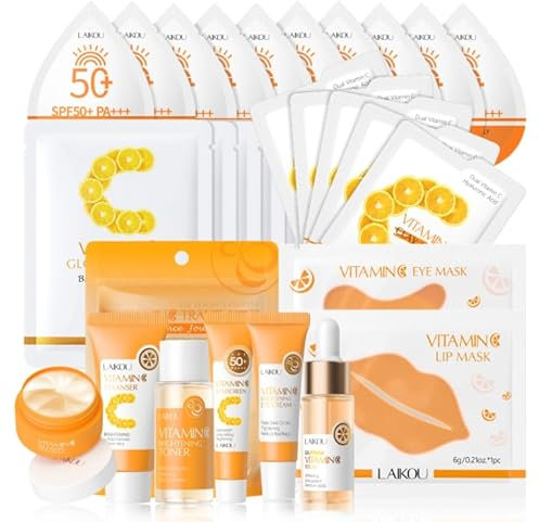 LAIKOU Skincare Set, Vitamin C Face Care Kit with Cleanser,Toner,Serum,Eye Cream,Moisturiser,SPF50 Sunscreen,Sheet,Eye,Lip & Clay Mask, Hydrating, Even Skin Tone, Travel Gift for Teen, Women & Men