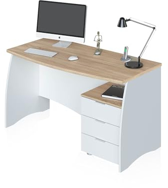 duehome | Mesa de Despacho con 3 Cajones, Mesa de Oficina o Estudio, Modelo Elan, Acabado en Balnco Artik y Roble Canadian, Medidas: 136 cm (Ancho) x 67 cm (Fondo) x 74 cm (Alto)