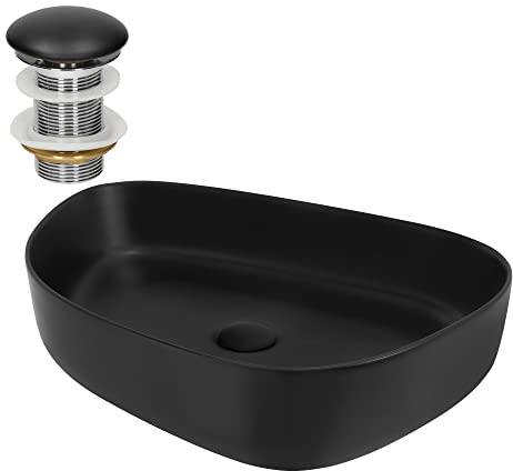 LuxeBath Waschbecken Keramik 550x420x140 mm oval Schwarz mit Ablaufgarnitur Schwarz, Aufsatzwaschbecken für Badezimmer/Gäste-WC, Aufsatzbecken modern, Waschtisch Waschschale Waschplatz Handwaschbecken