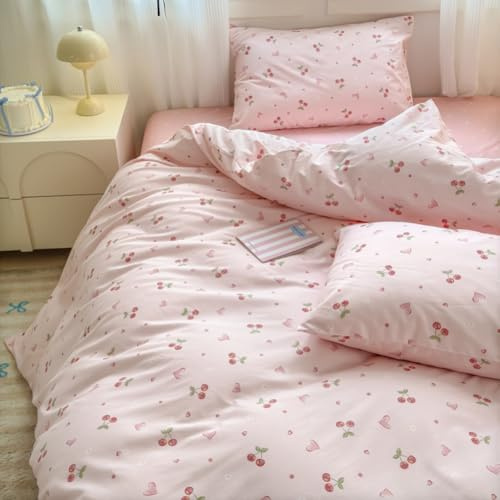 Nayoroom Bettwäsche Kirschen Baumwolle 135x200 Rosa Herzchen Bettbezug und Kissenbezug 80x80 cm 2teilig Aesthetic Cotton Herzen Bettwäsche-Set mit Kirschen Reißverschluss