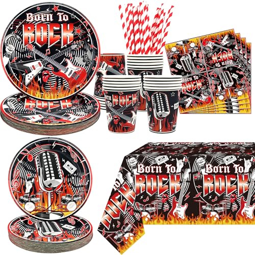 Rock and Roll Party Supplies, Including Plate , Napkins, Tablecloth, Straws ,for Rock Music Theme Party Decorations Serves 20 Guest