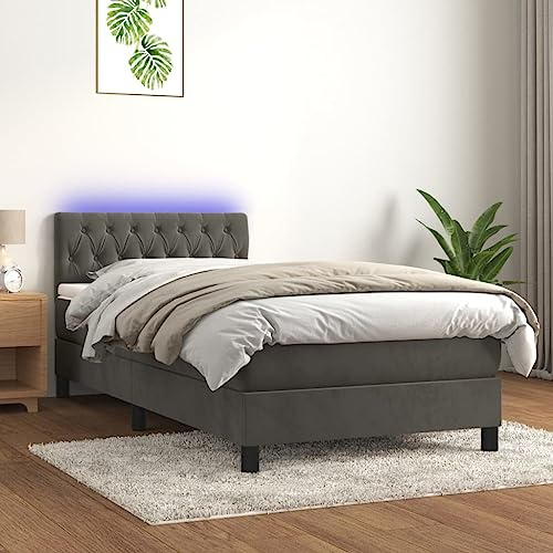 IKAYAA Boxspringbett mit Matratze 100 x 200 Bett mit LED Beleuchtung & Topper Boxspringbett 100 x 200 cm Bett mit Matratze und Lattenrost Bett komplett mit Kopfteil Samt-Dunkelgrau-100 x 200 cm
