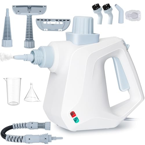 Pulitore a Vapore Portatile, Pulitore Vapore Casa con 10 Accessori, 1000W Pulitore a Vapore Multifunzionale per Tappeti, Tende, Divani, Cucina, Bagni (Bianco)