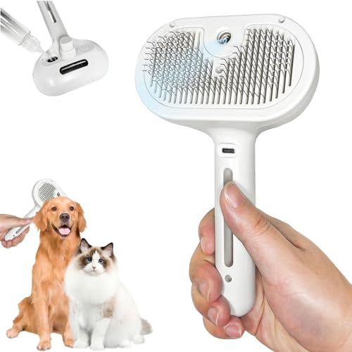 Selbstreinigende Katzen-Spraybürste Zum Haaren, Zottelbürste Mit Dampf Hund, Multifunktionale Hundebürste Mit Dampf Für Massage, Pflege Und Haarentfernung (Weiß)