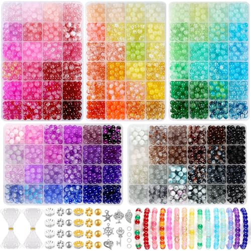 Zefy 120 Colors Glass Beads for Bracelet Making, 2676pcs 8mm Glass Beads for Jewellery Making, 5 Box Round Crystal Gemstone Bead for DIY Earrings Necklace Crafting with Spacer Bead and Charms