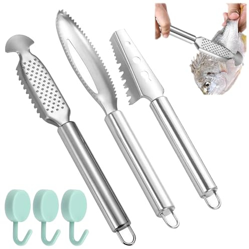 Tkxjry 3 Pièces Grattoir À Écailles De Poisson en Acier,Ecailleur à Poisson Professionnel,Poisson Grattoir à éCailles,Ecailleur Poisson,pour enlever Les écailles et Les os de Poissons(Avec 3 Crochets)
