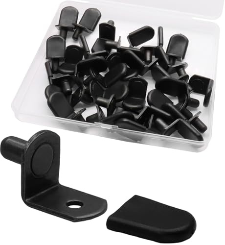Rierdge 30 Pcs Shelf Support Pins, 1/4 Inch L-Shaped Cabinet Shelf Pegs with Rubber Sleeves for Bookshelves, Wardrobes & DIY Furniture, Black