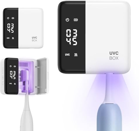 Ankilo Sterilizzatore per spazzolino da denti UV e supporto, elettrico con asciugatura a 60 °C, orologio con indicatore LED, ricaricabile e montaggio a parete, senza foratura, per bagno, casa, viaggi