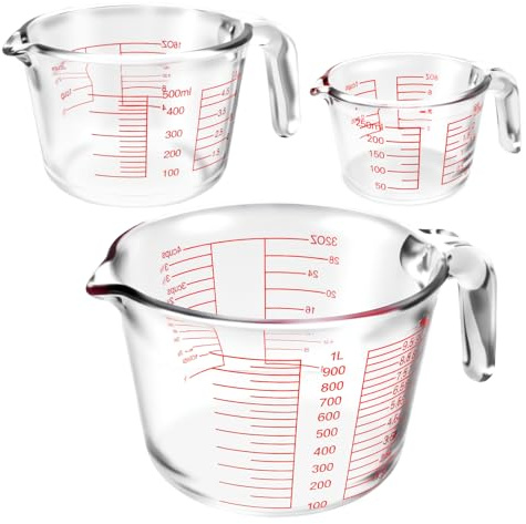 WJMY Set de 3 Vasos Medidores de Vidrio Borosilicato 1000 ml 500 ml 250 ml, Jarras Medidoras Graduadas con Asa y Pico Vertedor, Resistentes al Calor, Sin BPA, para Cocina y Repostería | 4 Escalas precisas L/dL/OZ/Cups Resistente al Calor BPA Libre de Medición Cups Set para Cocina Hornear Revuelva y Cocinar