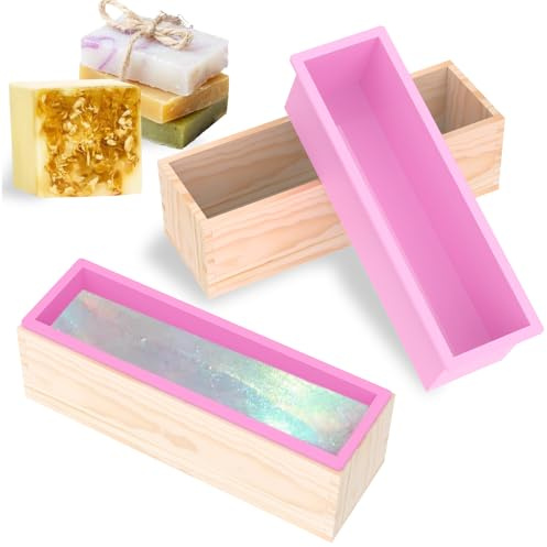 2 stampi per sapone in silicone, 1200 ml, con scatola di legno, rettangolari in silicone per sapone, accessori per la produzione di sapone, versatili stampi in silicone per sapone fai da te (rosa, 2