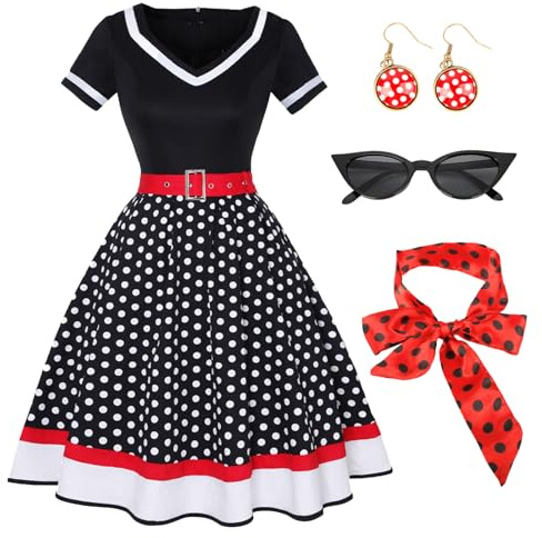 Tutukyle 50's Vintage Rockabilly Vestidos Damas Manga Corta Cuello en V Polka Dot Swing Vestido de Cóctel con Gafas Diadema Pendientes Vestido de Fiesta A-Line Prom Retro Fiesta de Carnaval