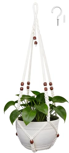 Muorruo 90 cm Colgador de Plantas de macramé, Grande para macetas de hasta 38 cm de diámetro, cesto Colgante Extra Largo con Cuentas de Madera para decoración Interior y Exterior (Marfil)