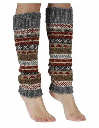 Pachamama - Calentador de piernas para mujer, 100% lana, tejido a mano, Fair Isle Earth, extra cálido, Gris, rojo, óxido, marrón, talla única
