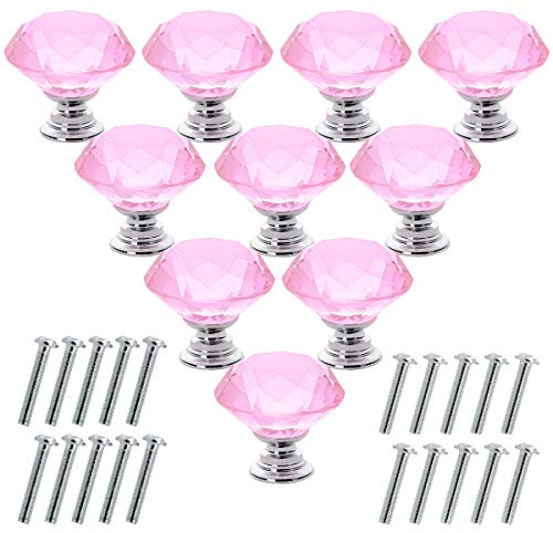 Akstore 10 Pcs Crystal Glass Cabinet Knobs 30mm Diamond Shape Drawer Kitchen Cabinets Dresser Cupboard Wardrobe Pulls Handles (Pink)