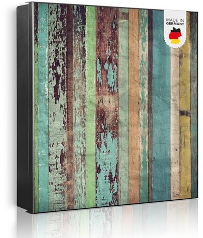banjado Großer Schlüsselkasten Metall - Schlüsselbox 30x30cm beschreibbarer mit 32 Haken - Schlüsselkasten modern für Schlüsselaufbewahrung - Korpus Schwarz Scharnier Links - Motiv Bunte Bretterwand