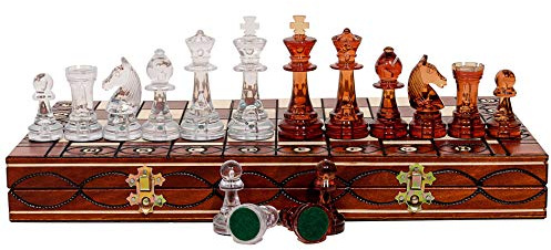 Master of Chess Träschackbräde AMBER 40 cm - Portabelt Schackbräde - Vikbart Schackset för Barn och Vuxna - Halvgenomskinliga Schackpjäser i Plast av Staunton