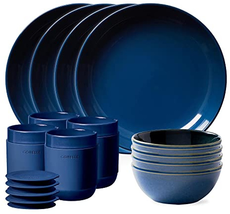 Corelle Stoneware 16-Pc Dinnerware Set, Handcrafted Artisanal Double Bead Plates, Meal Bowls, Bowls and Tumblers, Solid and Reactive Glazes, Dining Plate Set, Navy