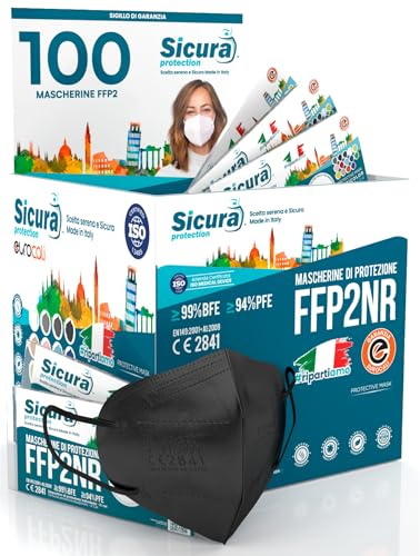 100 masques FFP2 Noir certifié CE Fabriqué en Italie Sicura BFE ≥99% SANITIZÉ et scellé individuellement EN 149:2001+A1:2009