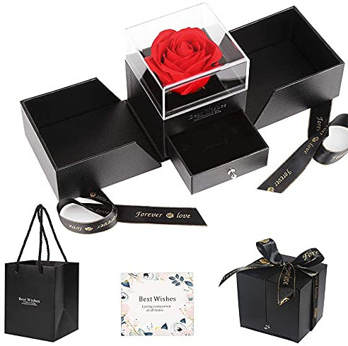 Qanye Rose Eternelle Joyero, caja de regalo rosa roja preservada, rosa eterna artificial, caja de regalo, regalo para las mujeres de San Valentín y cumpleaños