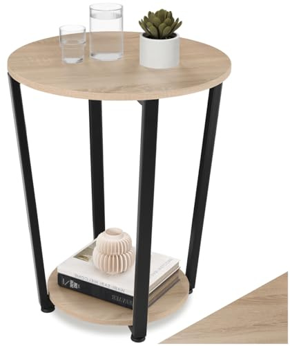 tectake® Möbel, Beistelltisch rund, runder Tisch Holz, Couchtisch rund, Möbel mit 2 Ablagen, Nachttisch, Zimmer Deko Wohnzimmer, Schlafzimmer, Coffee Table Ø 50 - Industrial Holz hell, Eiche Sonoma