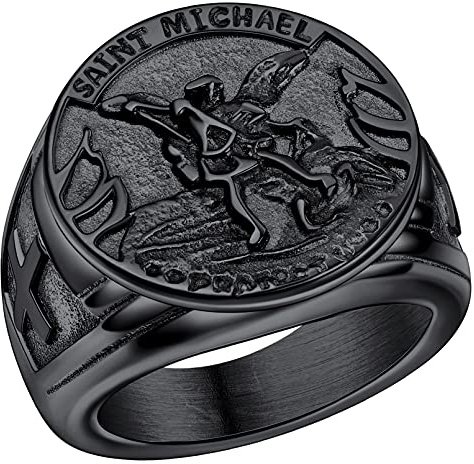 FaithHeart Herren Saint Michael Siegelring, Männer Fingerring Bandring mit Geschenkebox, Heiliger Michael Schmuck für Polizei