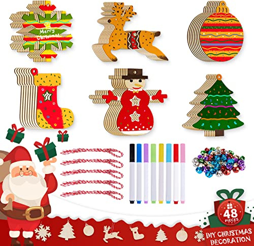 Lanpn Basteln Weihnachten Kinder, Weihnachtsbasteln Set Weihnachtsdeko Deko Weihnachten Weihnachts Holzanhänger Baumanhänger Holz zum Bemalen Erwachsene (48pcs)